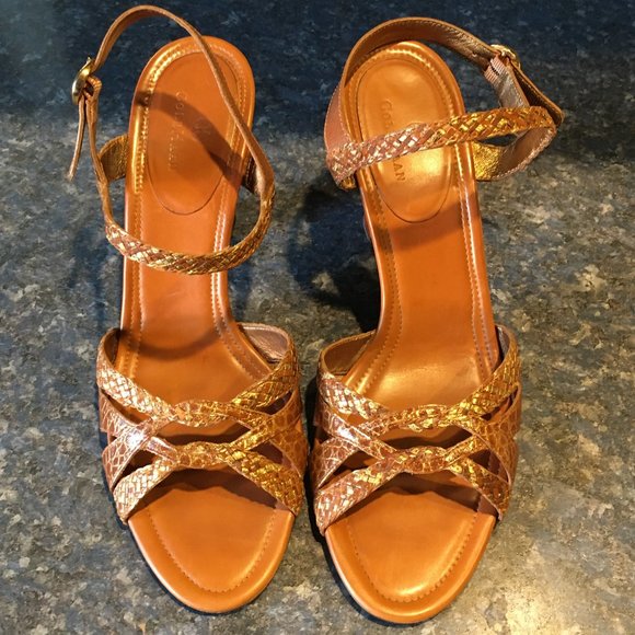 Cole Haan Tan & Metallic Gold Braided Strap Sandal - Picture 2 of 8